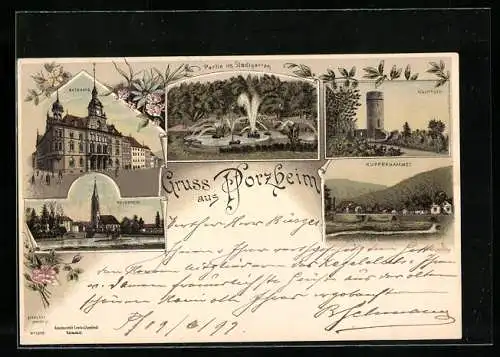 Lithographie Pforzheim, Wartthurm, Rathaus, Partie im Stadtgarten