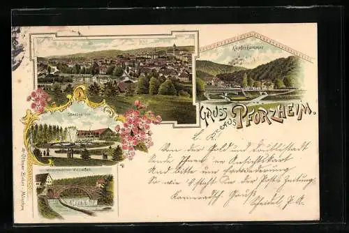 Lithographie Pforzheim, Ortsansicht mit Stadtgarten, Weissensteiner-Wasserfall