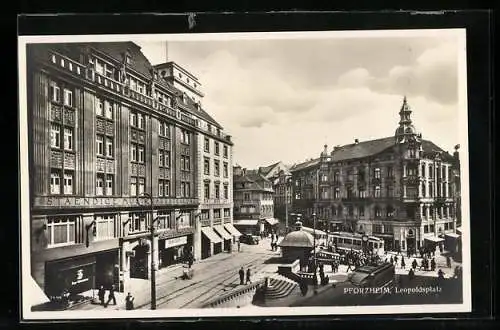 AK Pforzheim, Strassenbahn am Leopoldplatz