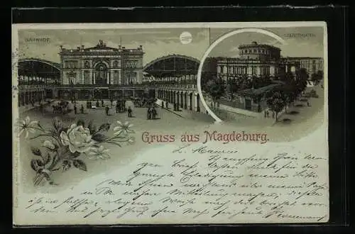 Mondschein-Lithographie Magdeburg, Bahnhof und Stadttheater