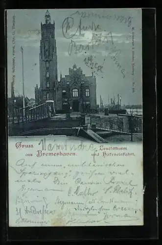 Mondschein-AK Bremerhaven, Leuchtturm und Hafeneinfahrt