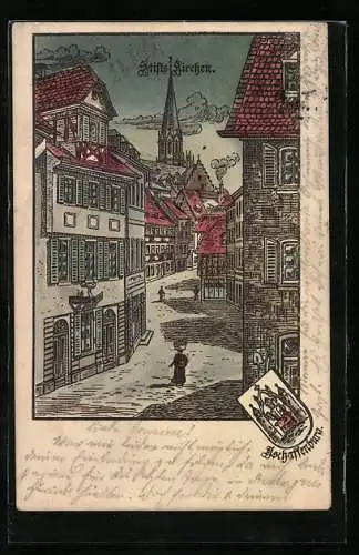 Künstler-AK Aschaffenburg, Strassenpartie mit Stifts-Kirchen