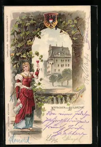 Lithographie Heilbronn, Käthchen von Heilbronn, Wein, Wappen