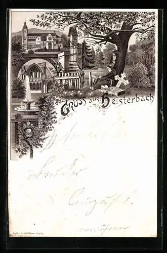 Vorläufer-Lithographie Heisterbach, 1895, Ortspartie mit Kirche, betender Mönch, Brunnen