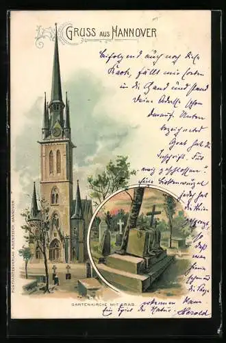Lithographie Hannover, Gartenkirche mit Grab