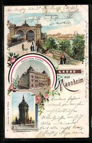 Lithographie Mannheim, Rheinbrücke, Kaiserliches Postamt, Wasserthurm