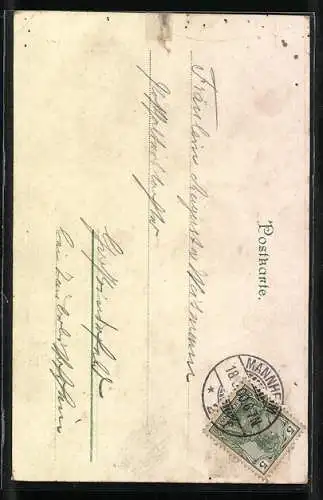 Lithographie Mannheim, Rheinbrücke, Kaiserliches Postamt, Wasserthurm