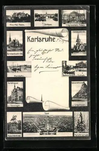 AK Karlsruhe, Karlstrasse mit Monninger, Prinz-Max Palais, Rheinhafen