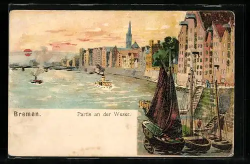 Lithographie Bremen, Partie an der Weser