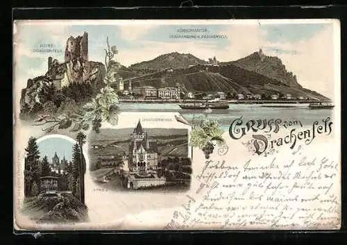 Lithographie Königswinter, Ruine Drachenfels, Drachenburg u.Drachenfels, Zahnradbahn, Dampfer, Weinverzierung