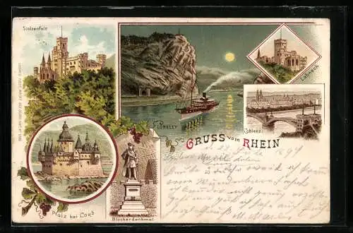 Lithographie Coblenz, Stolzenfels, Lahneck, Loreley bei Nacht, Pfalz bei Caub, Blücherdenkmal, Dampfer um 1900