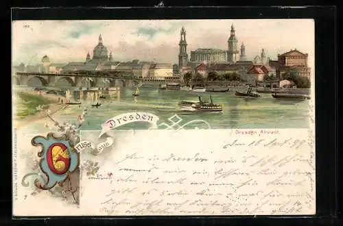 Lithographie Dresden, Blick zur Altstadt mit Hofkirche und Residenzschloss