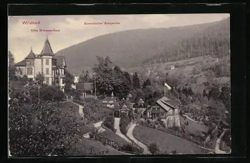 AK Wildbad / Enz, Hotel Villa Hohenzollern und Kurgarten aus der Vogelschau