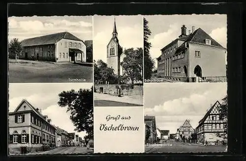 AK Öschelbronn / Niefern, Turnhalle, Kirche, Schulhaus und Strassenpartie