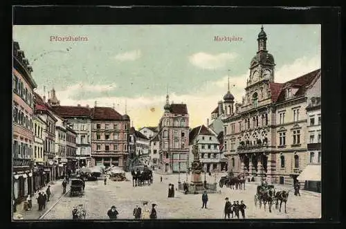 AK Pforzheim, Strassenleben am Marktplatz