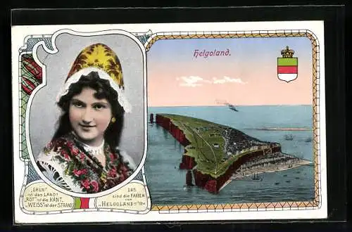 AK Helgoland, Panorama der Insel, Helgoländerin in Tracht, Wappen, Spruch