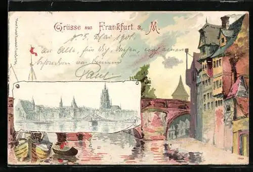 Lithographie Alt-Frankfurt, Ortsansicht mit Brücke