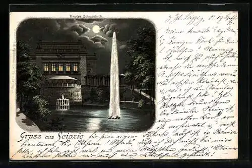 Lithographie Leipzig, Theater und Schwanenteich