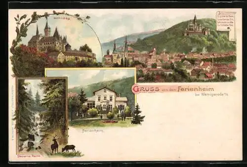 Lithographie Wernigerode a. H., Ferienheim, Steinerne Renne, Schloss, Ortsansicht