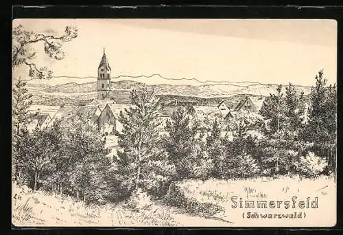 Künstler-AK Simmersfeld i. Schwarzwald, Teilansicht mit Kirche
