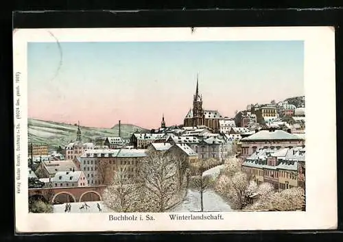 AK Buchholz i. Sa., Ortsansicht mit Winterlandschaft