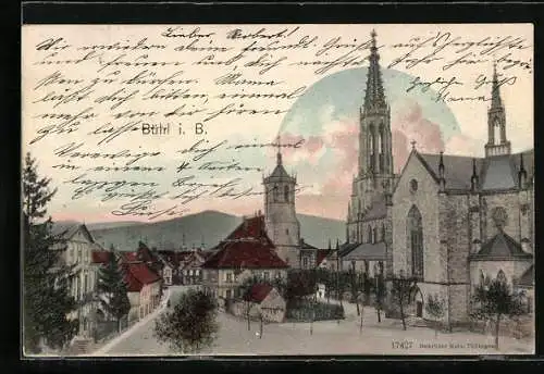 AK Bühl i. B., Platz mit Kirche und Turmgebäude