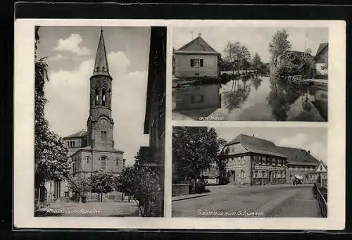 AK Rheinbischofsheim, Gasthaus zum Schwanen, Inh. Ludwig Götz, Blick auf Kirche und Bachpartie