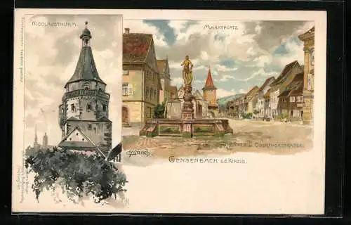 Künstler-AK Carl Münch: Gengenbach / Kinzig, Marktplatz mit Brunnen, Nicolausthurm