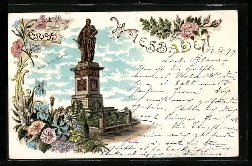 Lithographie Wiesbaden, Kaiser Friedrich-Denkmal, Blumen
