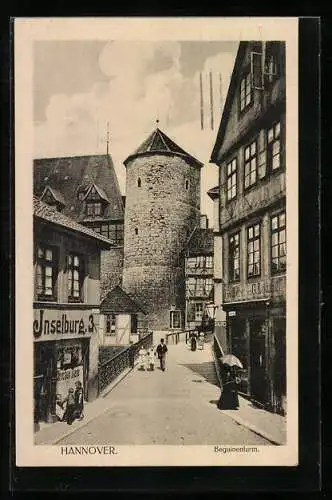 AK Hannover, Strassenpartie mit Bäckerei und Beguinenturm
