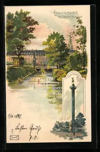 Lithographie Hannover, Kgl. Residenz-Schloss, Waterloosäule