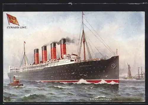 Künstler-AK Passagierschiff SS Mauretania der Cunard Line vor New York im Hudson River