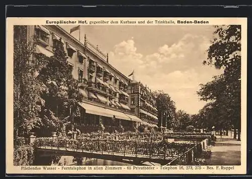 AK Baden-Baden, Hotel Europäischer Hof gegenüber dem Kurhaus und der Trinkhalle