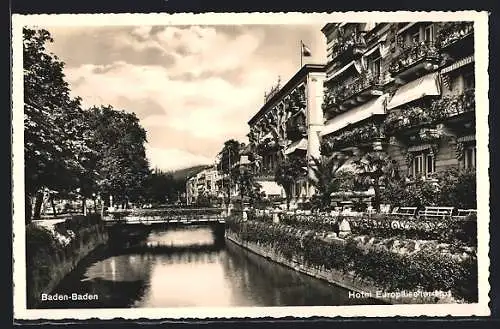 AK Baden-Baden, Hotel Europäischer Hof mit Flusspartie