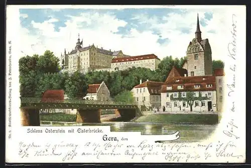 AK Gera, Schloss Osterstein mit Elsterbrücke um 1900