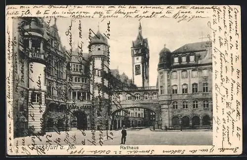 AK Frankfurt a. M., Rathaus mit Strassenpartie