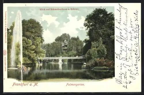 AK Frankfurt-Westend, Palmengarten aus Schweizerhaus und Brücke