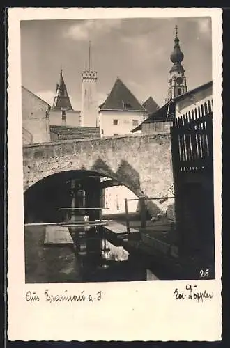 AK Braunau a. Inn, Ortspartie mit Brücke