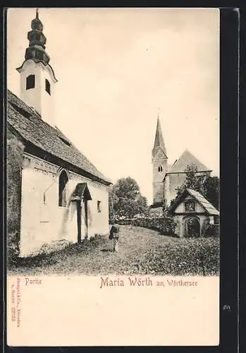 AK Maria Wörth am Wörthersee, Ortspartie mit Kirche