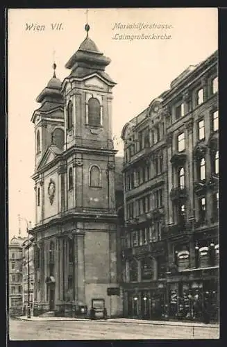 AK Wien VI, Mariahilferstrasse mit Laimgrubenkirche