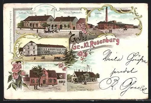 Lithographie Rosenburg, Gasthaus Gottlieb Demmer & Julius Gottschalk, Fabrik, Schloss, Pflug-Fabrik Werner