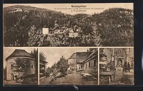 AK Seidorf /Riesengebirge, St. Anna-Kapelle mit Forsthaus und Sanatorium S. R. Schadewaldt