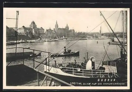 AK Stettin, Blick auf die Hakenterrasse vom Hafen aus