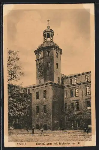 AK Stettin, Schlossturm mit historischer Uhr