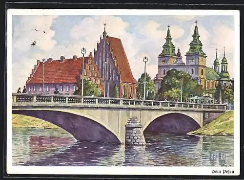 AK Posen / Poznan, Brückenpartie mit Dom