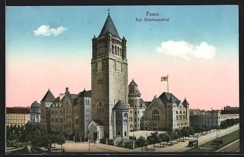 AK Posen / Poznan, Kgl. Residenzschloss, Strassenbahn