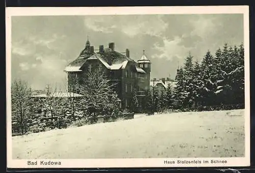 AK Bad Kudowa, Haus Stolzenfels im Schnee
