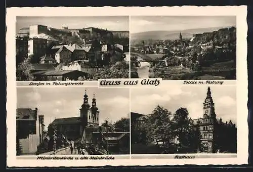 AK Glatz, Donjon m. Festungswerke, Minoritenkirche u. alte Steinbrücke, Rathaus