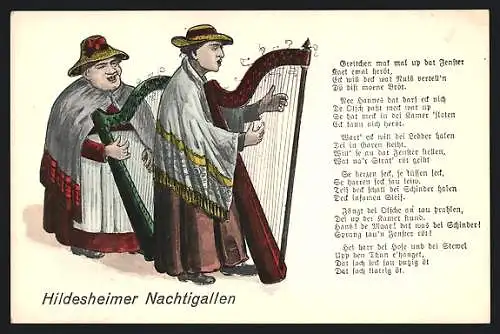 AK Hildesheim, Die Hildesheimer Nachtigallen mit Harfen und Liedtext