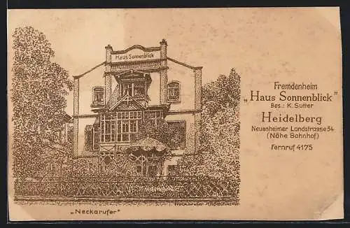 Künstler-AK Heidelberg / Neckar, Hotel-Pension Haus Sonnenblick, Neuenheimer Landstrasse 54